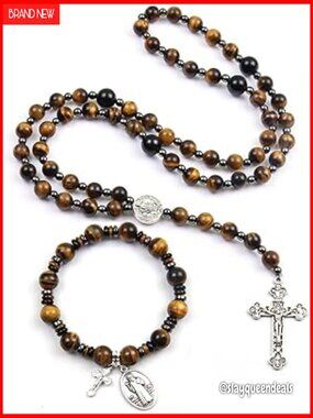8mm Tiger Eye St Benedict Rosary Necklace & Bracelet Set Catholic Jewelry